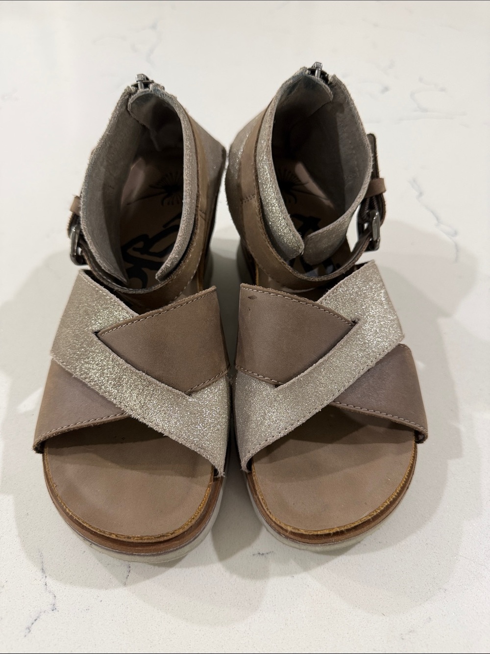 OTBT Women’s Taupe and Silver Glitter Cross-Strap Sandals